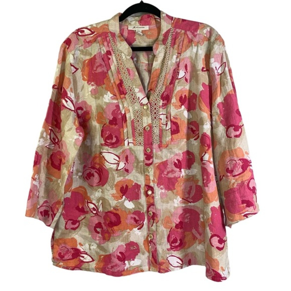 JM COLLECTION Pink & Beige Floral Linen 3/4 Sleeve Button Down Tunic Blouse
